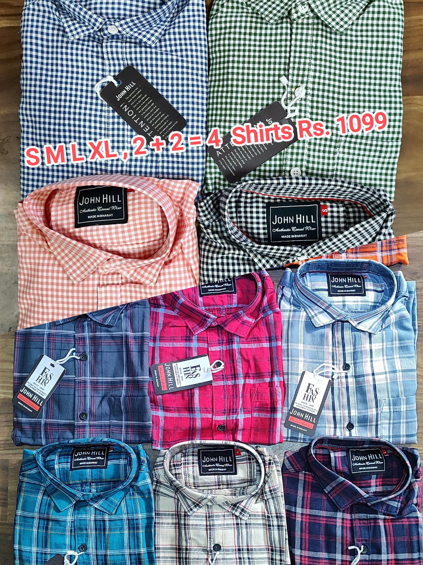 (Combo of 4) S to L JohnHill Pure Cotton Big Checked 2+2 Small Checked Shirts Rs. 999