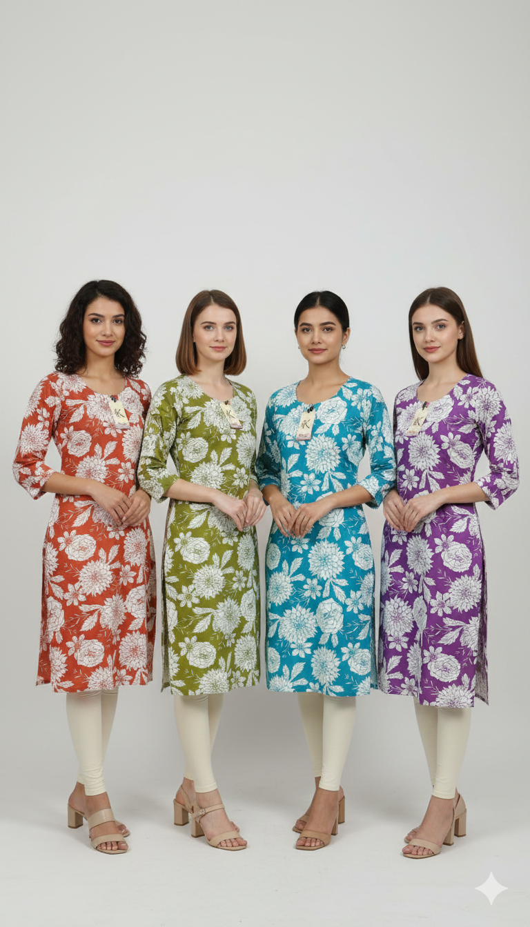 Pack of 4 Kajal Women A-line Cotton Design Kurthi TOP Only  Rs. 1000