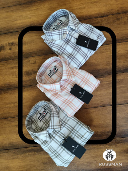 (Combo of 3)RussMan Checked+Strips Soft Korean Linen Shirt Rs.1100