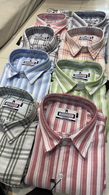 (Combo of 3)RussMan Checked+Strips Soft Korean Linen Shirt Rs.1100