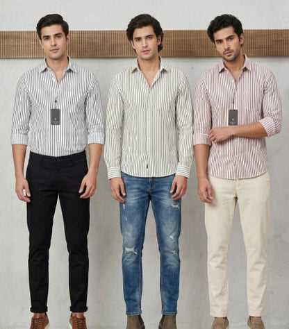 (Combo of 3)RussMan White Strips Soft Korean Linen Shirt Rs. 1020