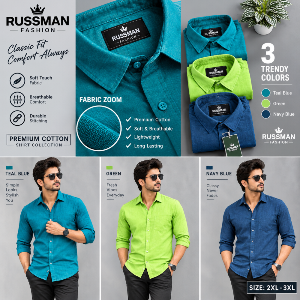 (Combo of 3)(2XL, 3XL)RussMan 100% Pure Cotton Plain Shirt Rs. 1200