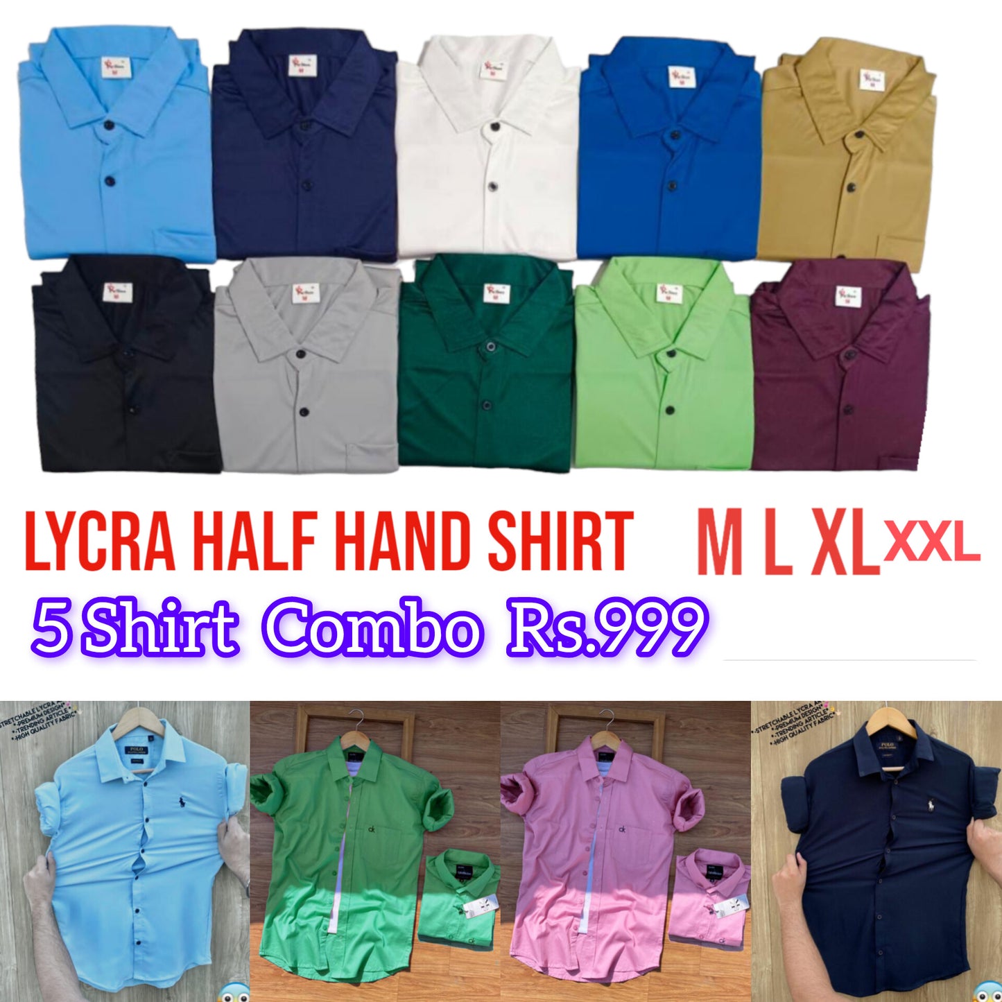 (Combo of 5+1) Plain Half Hand Lycra Shirts with Pocket Regular Fit Rs. 999 + Get Free 1 Shirt