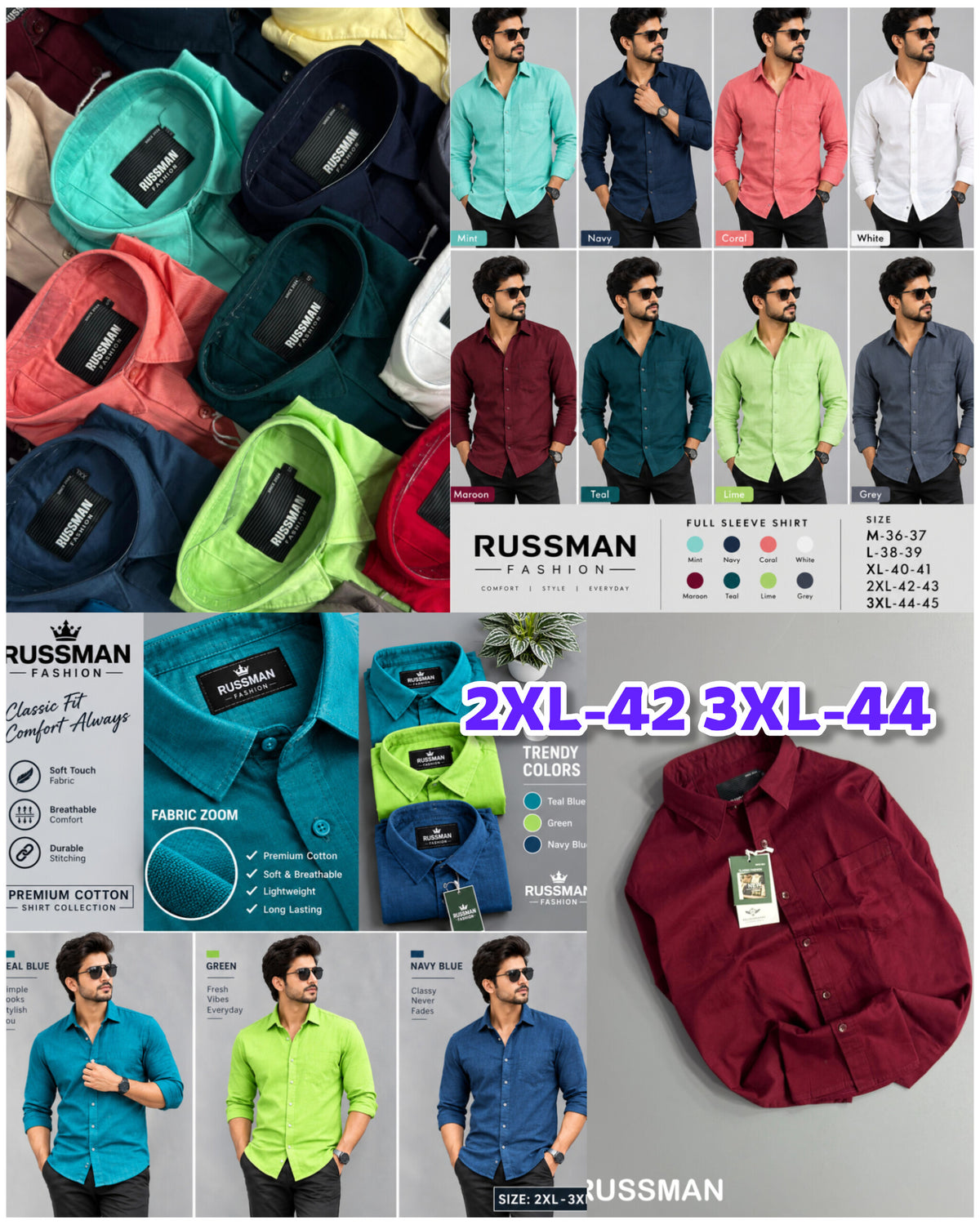 (Combo of 3)(2XL, 3XL)RussMan 100% Pure Cotton Plain Shirt Rs. 1200