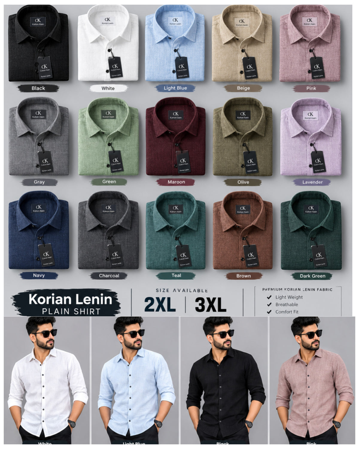 (Combo of 3)(2XL, 3XL)CK Linen Korean Plain Shirt Rs.1150